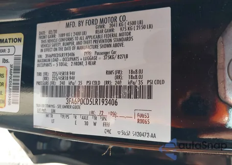 2020 Ford Fusion Sel from USA, damaged, VIN 3FA6P0CD5LR193406